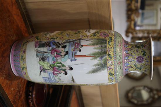A large Chinese famille rose cylindrical vase, 58.5cm, wood stand